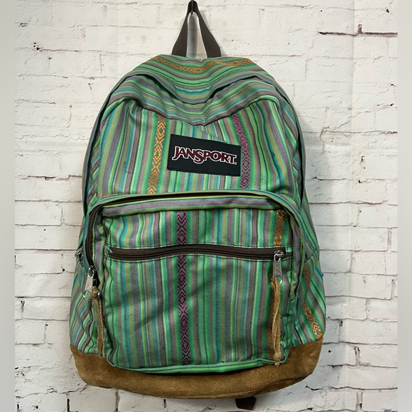 Jansport Right Pack Leather Bottom Southwest Print Stripe Green Purple Orange - Picture 1 of 16